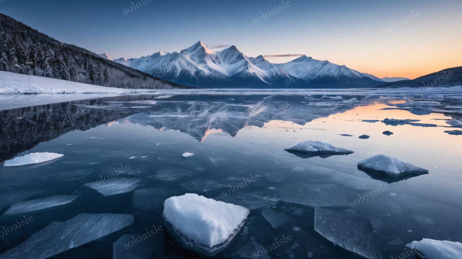 Snowy mountains reflected in a frozen lake at sunrise